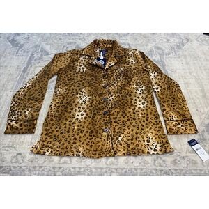 New Womens Chaps Pajama Top Sz MEDIUM Button Up Sleep Shirt Animal Gold Brown
